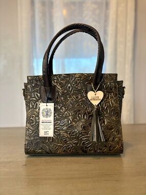 Embossed Floral Leather Tote in Dark Brown